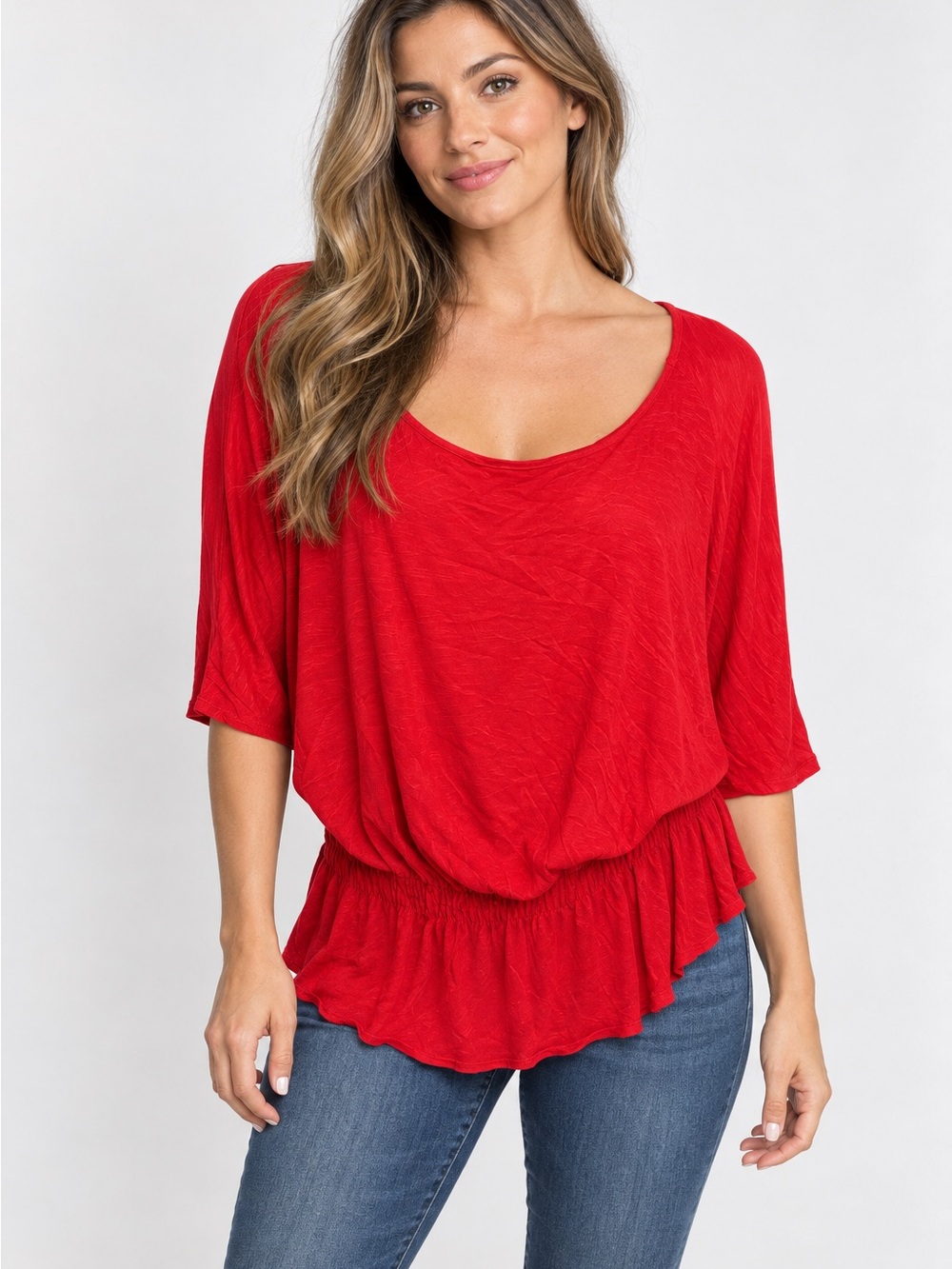 Claudia Richard Red Scoop-Neck Dolman Sleeve Top